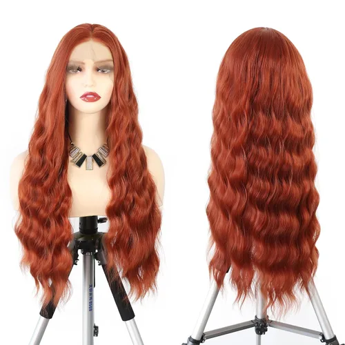 Pelucas de encaje frontal sintético de color rojo cobrizo, con raya central, onda suelta, resistente al calor, para cosplay, con línea capilar #Rojo