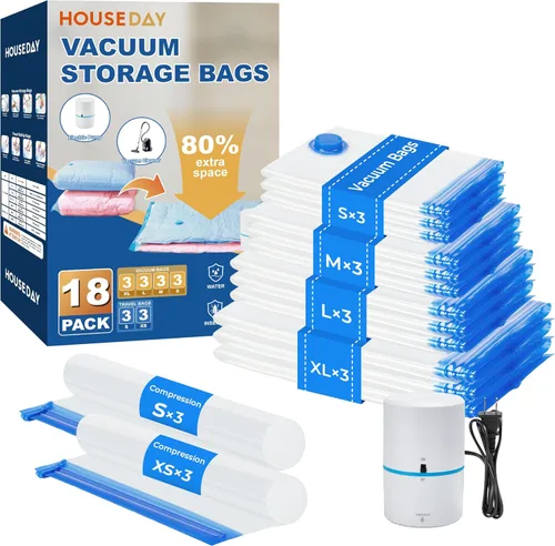 Miniatura 22 de HOUSE DAY Paquete de 22 bolsas de almacenamiento al vacío con bomba, bolsas de sellado al vacío para ahorrar espacio para ropa y viajes, 4 jumbo/4