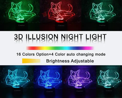 Miniatura 3 de Luz nocturna de ilusión 3D de gato, lámpara de noche LED regulable de 16 colores con control táctil y remoto, USB y alimentada por batería