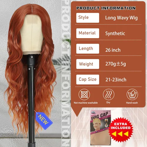 Miniatura 2 de Peluca larga de cobre para cosplay, peluca sintética de 26 pulgadas, parte media, regalos realistas, pelucas de fiesta para mujeres, uso diario