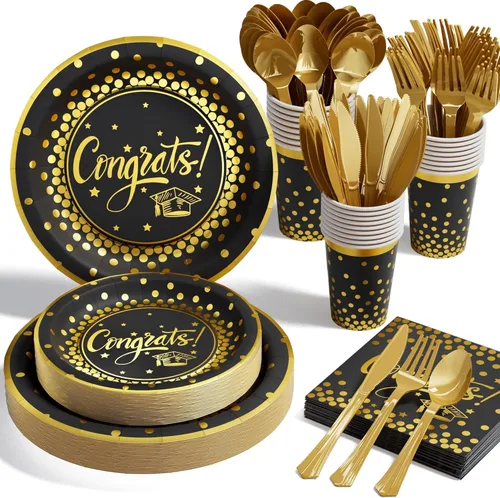 Miniatura 9 de Decoraciones de graduación 2026-175 piezas, juego de vajilla desechable de oro blanco, suministros de fiesta de graduación con platos de papel, A3.
