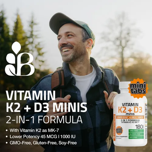 Miniatura 3 de Bronson Vitamina K2 (MK7) con D3 Dosis Más Baja 45mcg Vitamina K2 y 1000 UI Vitamina D3 Fácil de Tragar Mantenimiento Diario Fórmula 2 en 1 Sin OGM