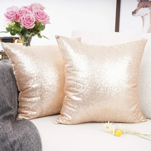 Miniatura 2 de YOUR SMILE Paquete de 2, Nueva Serie de Lujo Oro Rosa Champán Decorativa con Lentejuelas Brillantes y Cómoda Funda de Almohada Decorativa de Satén