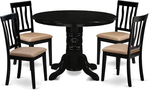 East West Furniture SHAN5-BLK-C - Juego de mesa y sillas de cocina de 5 piezas, incluye una mesa de comedor redonda con pedestal y 4 sillas