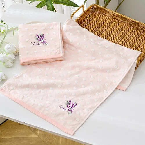 Miniatura 3 de YiLUOMO Juego de 2 toallas de mano rosa de lunares súper suaves 100% algodón de muselina y toalla de felpa altamente absorbente lavanda bordada