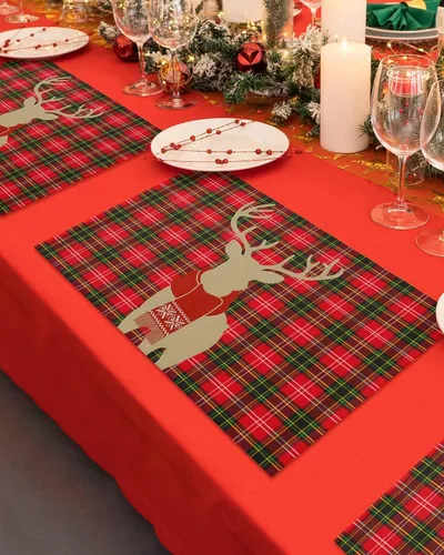 Miniatura 5 de Juego de 4 manteles individuales de reno de Navidad para mesa de comedor, alce de Navidad con bufanda, a cuadros de búfalo rojo, verde, duradero
