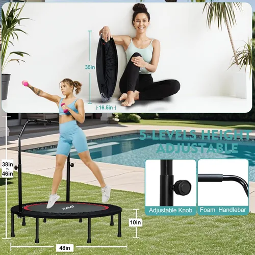 Miniatura 9 de RAVS Mini Trampolín para Niños y Adultos de 40"/48" Plegable de Fitness Reboteador Trampolín para Niños con Manija Ajustable en Altura de 5 Niveles