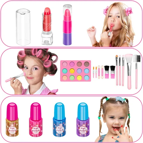 Miniatura 2 de Hollyhi Kit de Maquillaje de 58 Piezas para Niñas, Juguetes de Princesa, Set de Cosméticos Reales Lavables con Espejo, Sets de Maquillaje