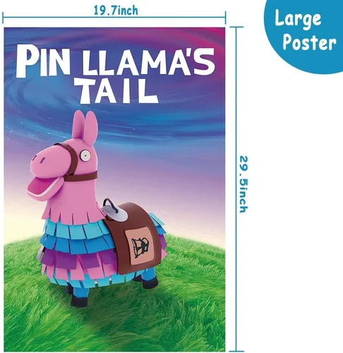 Miniatura 2 de Suministros para fiestas de videojuegos – Pin The Tails on Llama, póster grande con 24 calcomanías de cola para decoración de fiestas temáticas