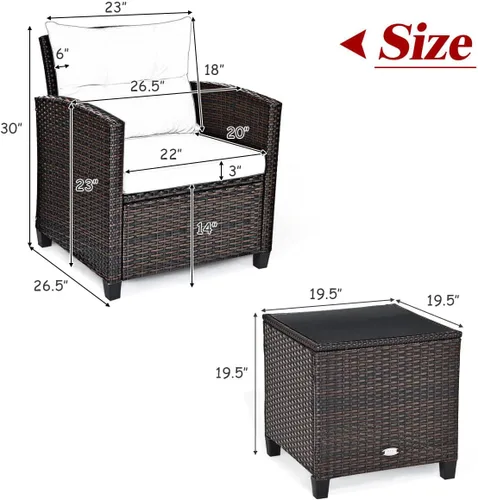 Miniatura 9 de HAPPYGRILL Juego de 3 piezas de mimbre para patio, juego de sofá bistró de ratán PE con mesa de centro de vidrio templado, cojines lavables, juego