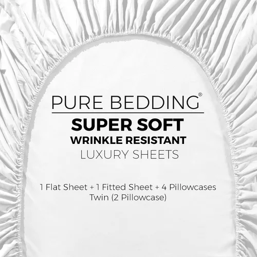 Miniatura 5 de Pure Bedding Sábanas – Juego de sábanas Queen [4 piezas, blancas] – Hotel Luxury 1800 microfibra cepillada – Suave y transpirable – Sábana bajera