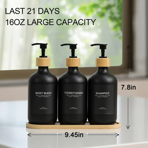 Miniatura 5 de Dispensador de champú y acondicionador, 16.9 onzas, juego de 3 dispensadores de champú de ducha recargables de plástico con bandeja de bambú