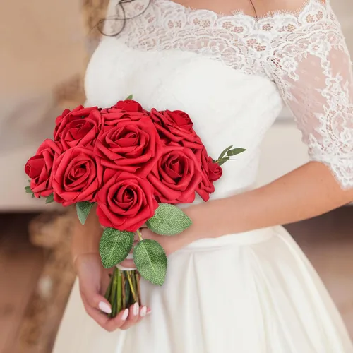 Miniatura 7 de Mocoosy 50 rosas artificiales a granel, rosas falsas de espuma de aspecto real con tallos a granel, ramo de boda, arreglo floral, centros de mesa
