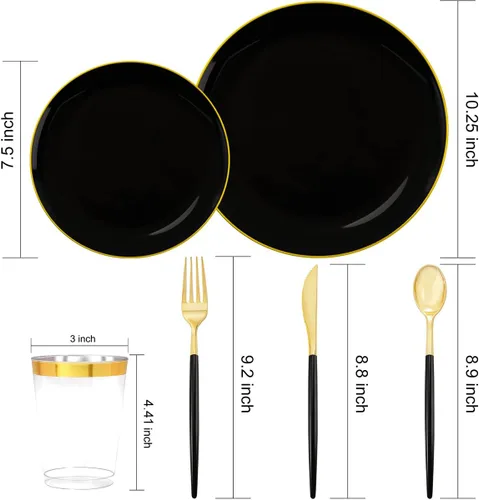 Miniatura 6 de LIYH - Juego de vajilla de plástico negro de 180 piezas con cubiertos dorados, platos de plástico negro, desechables, resistentes, juego