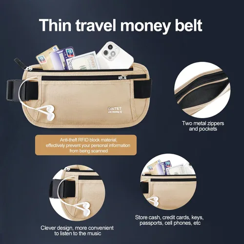 Miniatura 132 de DAITET Cinturón de dinero, soporte para pasaporte, cartera de viaje oculta segura con bloqueo RFID, riñonera encubierta (negro), Negro, Rfid