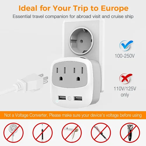 Miniatura 8 de Convertidor de adaptador de enchufe de viaje europeo, convertidor de enchufe de alimentación internacional TESSAN con 2 USB, adaptador de salida