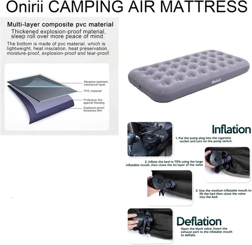 Miniatura 5 de Onirii Colchón de Aire Individual Tamaño Twin para Camping con Bomba de Aire, Colchón de Aire Inflable, Cama Inflable Portátil Engrosada, Gris