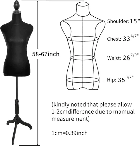 Miniatura 2 de Maniquí femenino Torso Vestido Forma Maniquí Cuerpo Maniquí de costura con trípode de plástico Base Soporte 58"-67" Altura ajustable