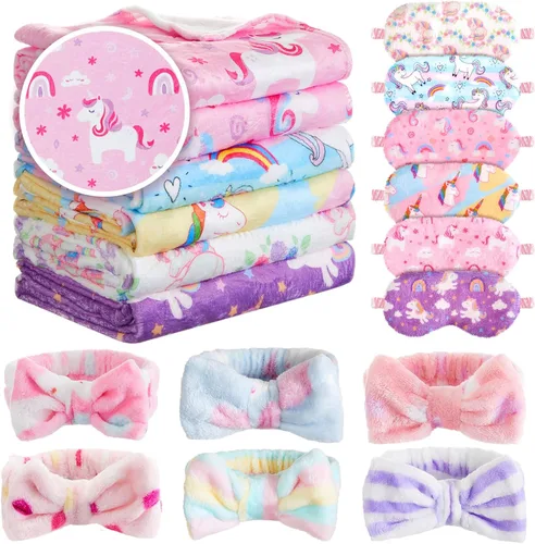 Miniatura 19 de Fanfanwin 18 piezas de suministros de fiesta de pijamas para niñas, 6 estilos lindos degradados, 6 diademas de forro polar coral para spa, 6