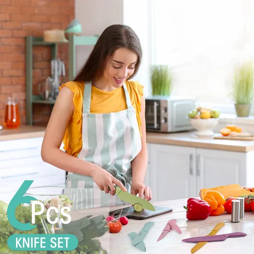 Miniatura 8 de HAUSHOF Juego de cuchillos de cocina, juego de 12 cuchillos coloridos con 6 fundas para cocina, cuchillas de acero inoxidable con revestimiento