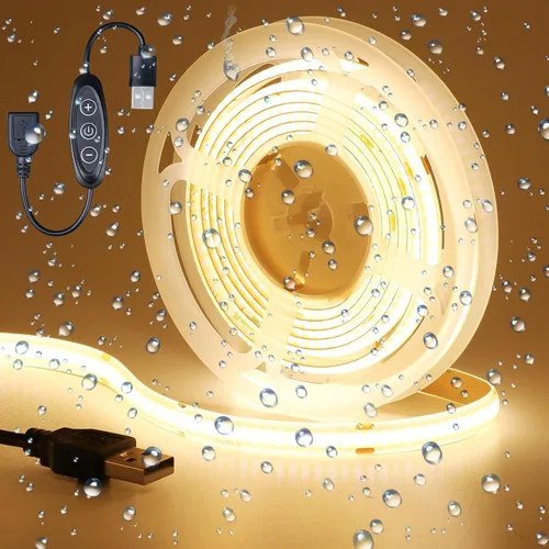 Miniatura 14 de DC 5V USB COB Tira de luz LED verde regulable IP65 resistente al agua alimentada por USB 6.6 pies/2M 640LEDs con regulador de brillo alto cinta