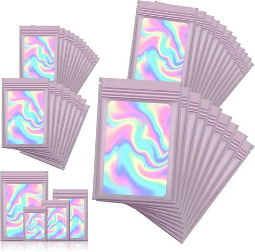 Miniatura 43 de 120 bolsas de tereftalato de polietileno a prueba de olores, bolsa de embalaje holográfica resellable con ventana transparente para alimentos