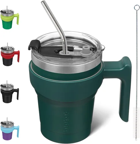 Miniatura 28 de BJPKPK Vaso con asa de acero inoxidable de 20 onzas, con aislamiento de doble pared, con tapa y pajita, color rosa claro A-rosa claro