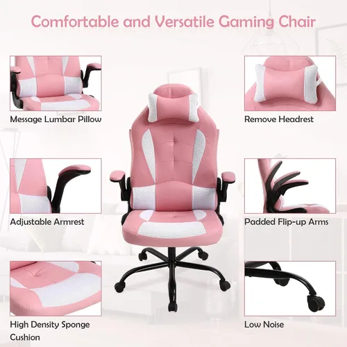 Miniatura 6 de Silla de juegos con reposacabezas y soporte lumbar, grande y alta, altura ajustable, silla ergonómica para juegos de PC en piel sintética Rosa