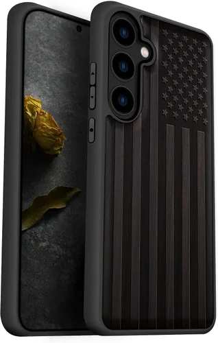 Carveit Funda de madera para Galaxy S24 - Madera natural y TPU negro suave, cubierta protectora a prueba de golpes, diseño de madera único Bandera