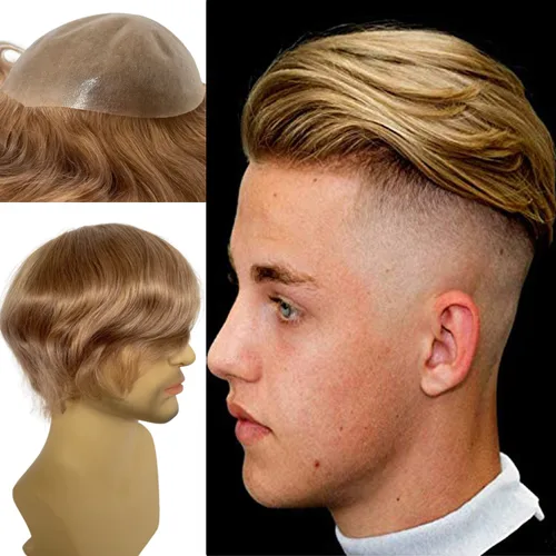 Voloria Postizo humano virgen europeo para hombre tupé ultra transparente piel fina PU piezas de pelo de repuesto 10"x8" tamaño base #21 color rubio