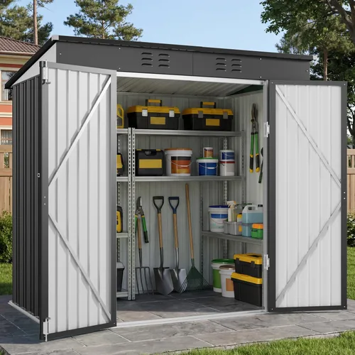 Miniatura 12 de Gizoon Cobertizo de almacenamiento para exteriores de 8 x 6 pies, cobertizo de jardín de metal galvanizado con puertas dobles con cerradura, Marrón