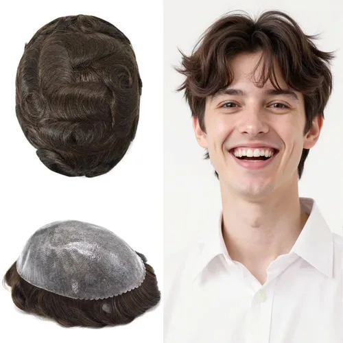 Miniatura 64 de Peluca completa de poliuretano para hombre, sistemas de reemplazo de cabello humano, piel fina y duradera, para hombre, prótesis de cabello