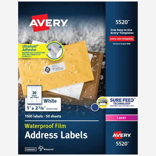 Avery (5520). Etiquetas de envío impermeables con tecnología TrueBlock para impresoras Laser de 1 x 2-5/8 pulgadas, caja de 1 500 unidades