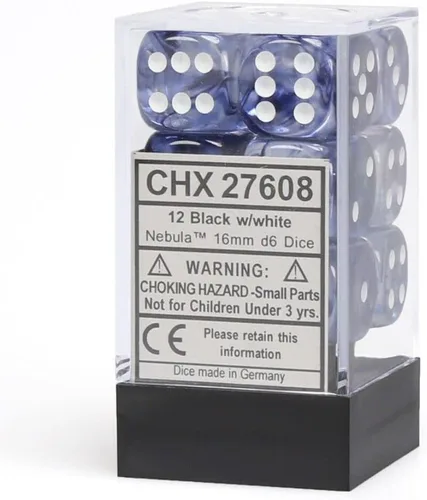 DND - Juego de dados Chessex D&D de 0.630 in, juego de dados poliédricos de plástico blanco y negro nebulosa, Dungeons and Dragons, incluye 12 dados