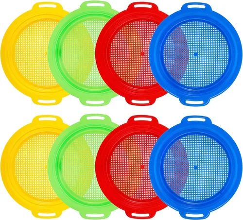 Paquete de 8 tamices de arena para niños, juguetes de playa, 9.75 x 8.75 pulgadas, colador de arena de plástico para jardinería, excavación y