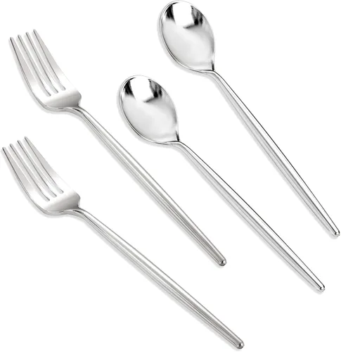 Miniatura 9 de SUT Juego de 200 piezas de tenedores y cucharas de plástico dorado resistente, cubiertos desechables dorados, cubiertos de oro, utensilios