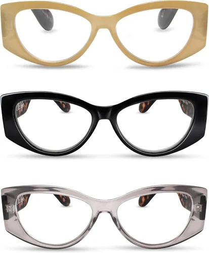 2SeeLife Paquete de 3 lentes de lectura tipo ojo de gato de gran tamaño para mujer, ajuste medio ancho, marco duradero y resistente, lectores de ojo
