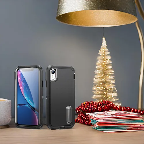 Miniatura 2 de IDweel Funda para iPhone XR, color negro para iPhone XR con soporte para hombres, protección resistente a prueba de golpes, antiarañazos, ajuste