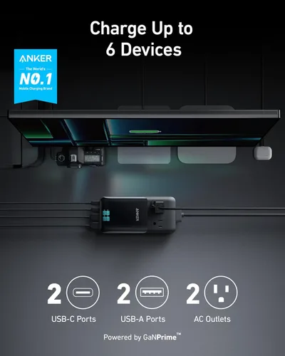 Miniatura 2 de Anker Prime - Estación de carga USB C 6 en 1, regleta de alimentación compacta de 140 W para trabajo y viajes, cable de extensión desmontable de 5