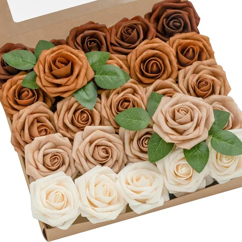 Ling's moment Flores artificiales, 25 rosas de 3 pulgadas en tonos marrón nogal, decoración floral de espuma realista para ramos de boda/centros de