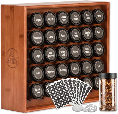 AllSpice Organizador de especieros, madera, 525 etiquetas únicas, para encimera o montaje en pared, incluye 30 frascos de 4 onzas - tinte cereza