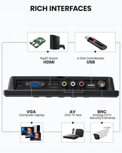 Miniatura 3 de Eyoyo Monitor Mini 7 Pulgadas Pequeno Monitor HDMI 1024x600 Pantalla LCD HDMI AV VGA BNC USB Entrada para NVR Cámara de Seguridad CCTV Cámara