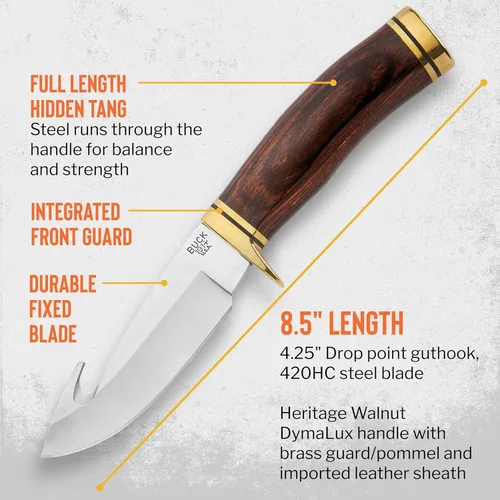 Miniatura 4 de Buck Knives 191 Buck - Cuchillo de caza con cremallera, hoja fija de 4-1/4 pulgadas, mango de madera, hoja de acero inoxidable 420HC, funda Marrón