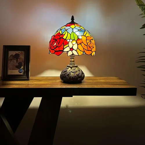 Miniatura 3 de Tiffany - Lámpara de mesa con diseño de flores, color rojo, naranja y azul, incluye base de libélula para sala de estar, dormitorio, mesita