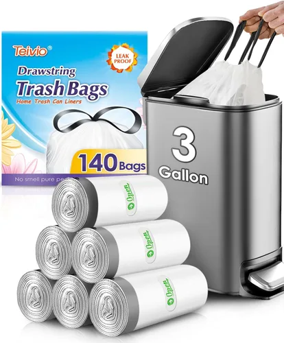 Miniatura 13 de Bolsas de basura con cordón de Teivio, 1.6 galones, 120 unidades, bolsas de basura resistentes, tamaño mediano, para papeleras de cocina y baño