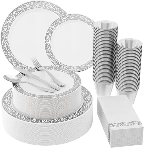 Miniatura 9 de Juego de vajilla desechable de plástico color oro rosa de 210 piezas: 30 platos de cena y 30 platos de postre y 30 tazas y 30 servilletas de papel