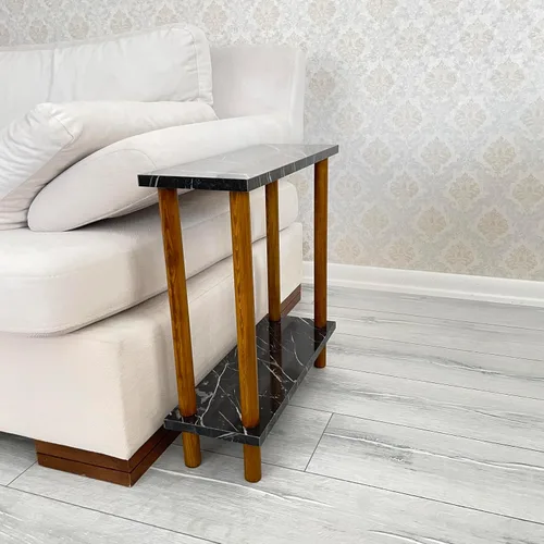 Miniatura 4 de Narrow Small Places - Mesa auxiliar moderna de mármol sintético para sofá sala de estar, mesa auxiliar minimalista delgada de 2 niveles con estante