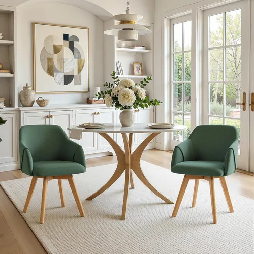 Miniatura 10 de Juego de 2 sillas de comedor giratorias, modernas de mediados de siglo con brazos y patas de madera, sillas de cocina tapizadas de tela de lino