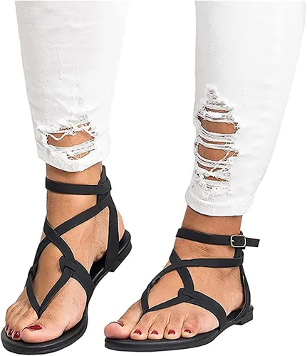 Miniatura 3 de VESNIBA Sandalias de verano para mujer, con correa de tobillo plano, estilo romano, casuales, sandalias atléticas para mujer