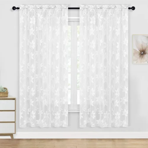 Miniatura 14 de DWCN Paquete de 2 cenefas de encaje floral para cocina, 52 x 18 pulgadas, con bolsillo para barra, cortina de gasa para ventana pequeña, cocina